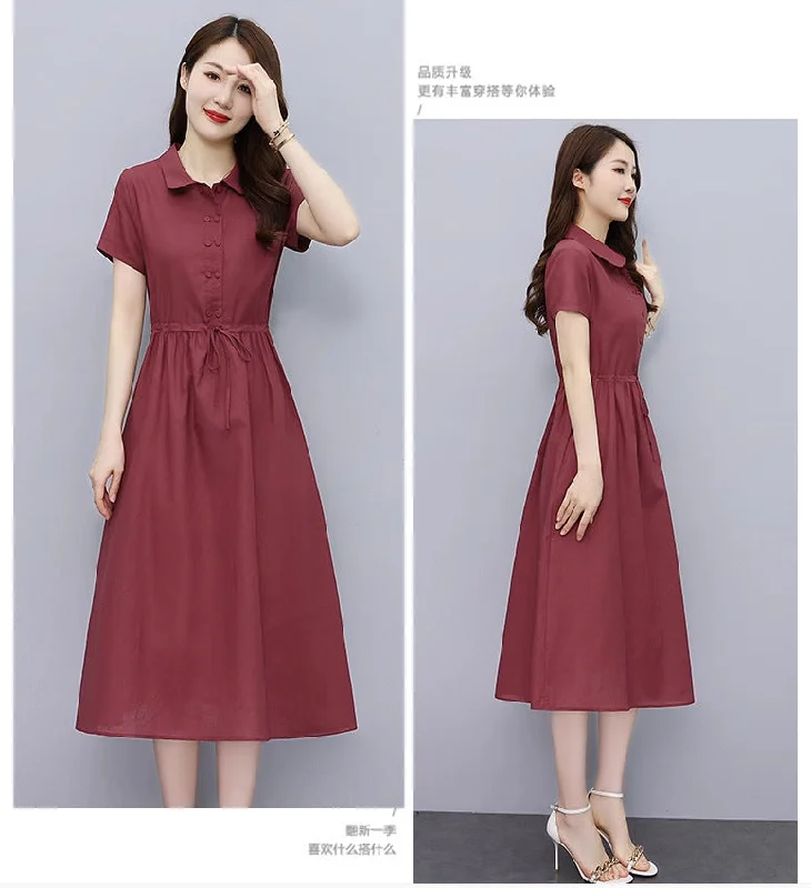 NiDELL Women's Cotton and Linen Dress Mid-Length . Summer New Korean Style Slim Fit Slimming Temperament Youthful-Looking Linen Dress