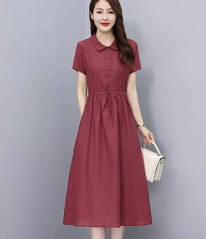 NiDELL Women's Cotton and Linen Dress Mid-Length . Summer New Korean Style Slim Fit Slimming Temperament Youthful-Looking Linen Dress