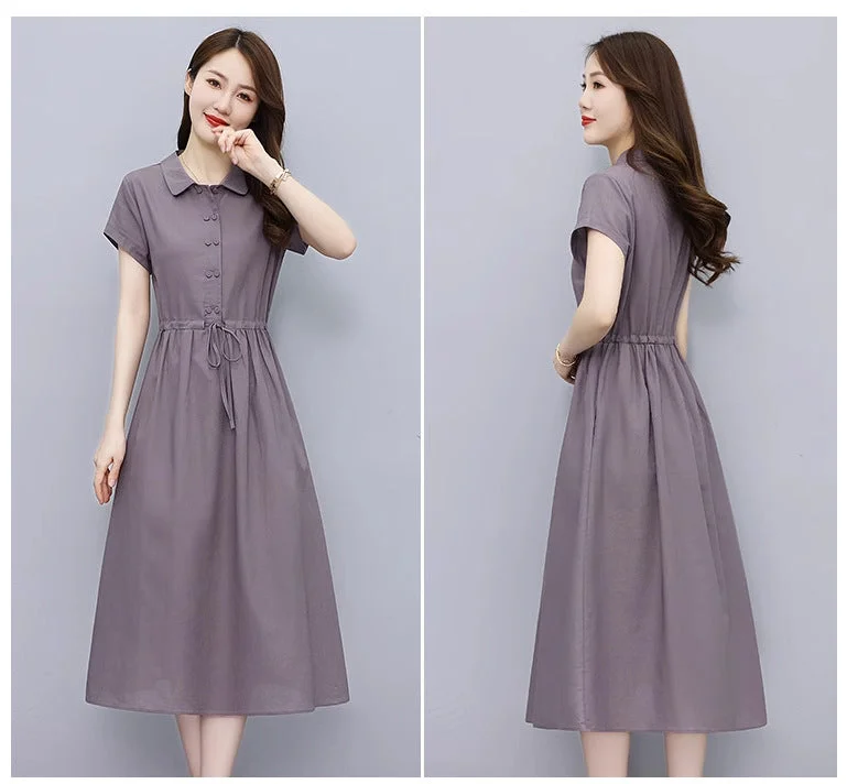 NiDELL Women's Cotton and Linen Dress Mid-Length . Summer New Korean Style Slim Fit Slimming Temperament Youthful-Looking Linen Dress