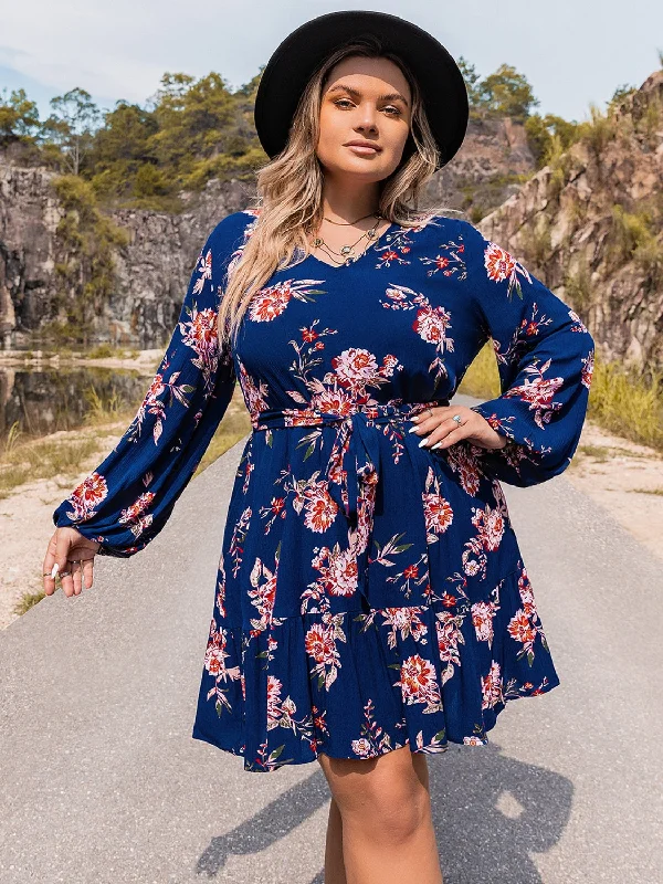 Plus Size V-Neck Long Sleeve Dress