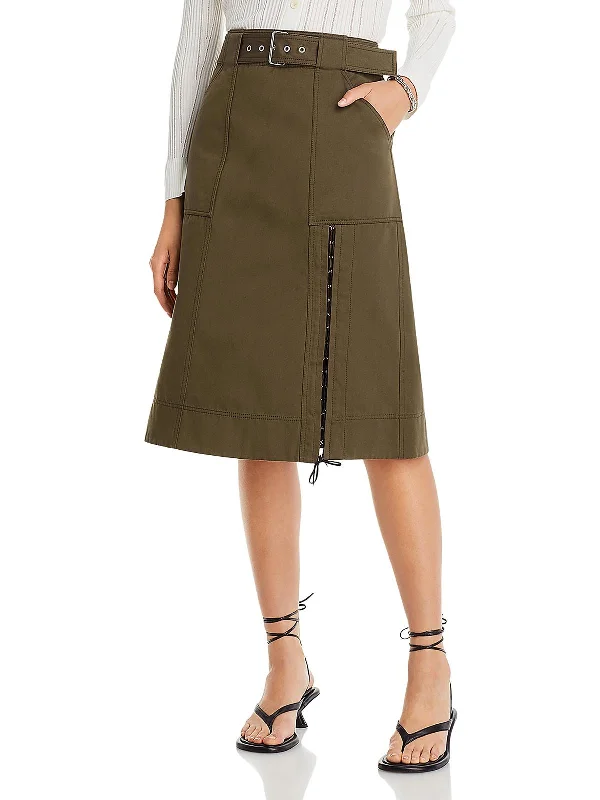 Womens Belted Denim Midi Skirt