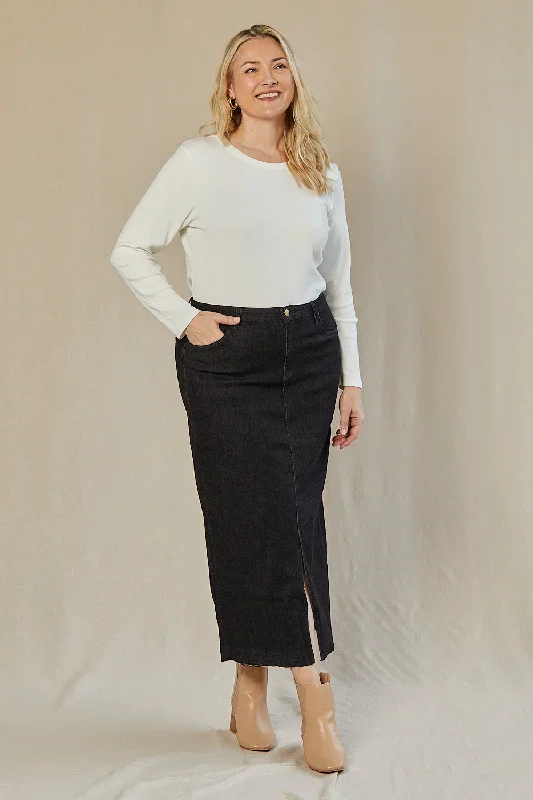 Adrift Denim Long Split Skirt in Black