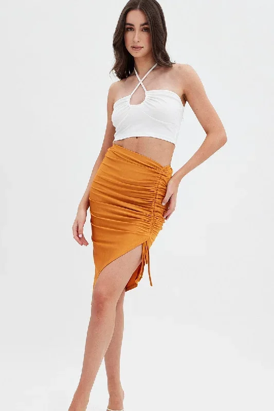 Beige Ruched Midi Skirt