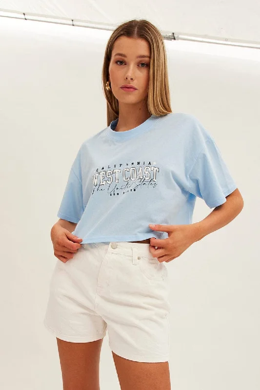 Blue Graphic T-Shirt Crop West Coast Crew Short Sleeve