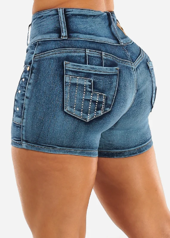 Butt Lifting Acid Wash Denim Shorts w Back Pocket Design