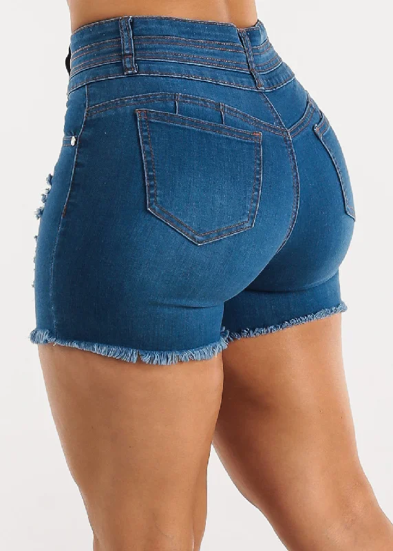 Butt Lifting Distressed Denim Shorts Indigo w Raw hem