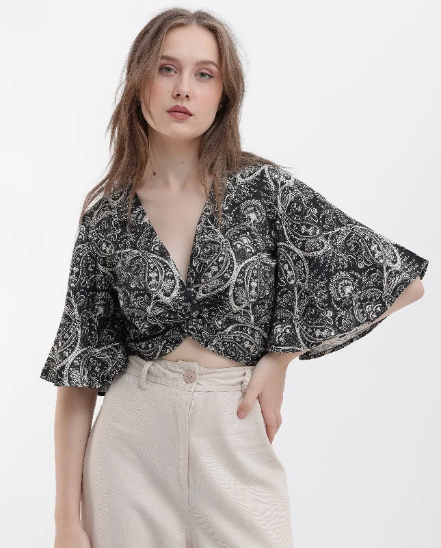 Rareism Women'S Clarence Black Cotton Modal Fabric Short Sleeves V-Neck Flared Sleeve Regular Fit Paisley Print Cropped Top