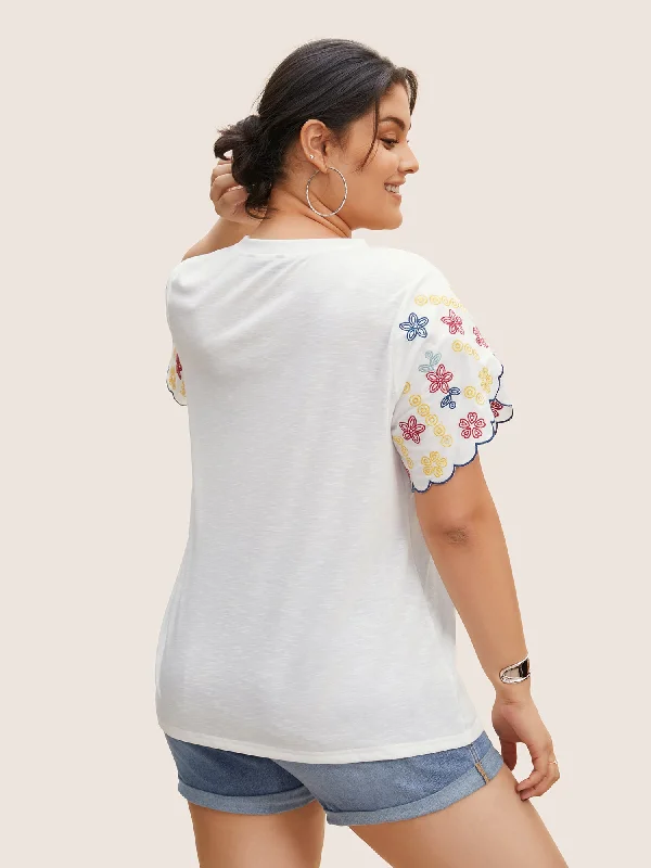 contrast-floral-embroidered-petal-sleeve-t-shirt