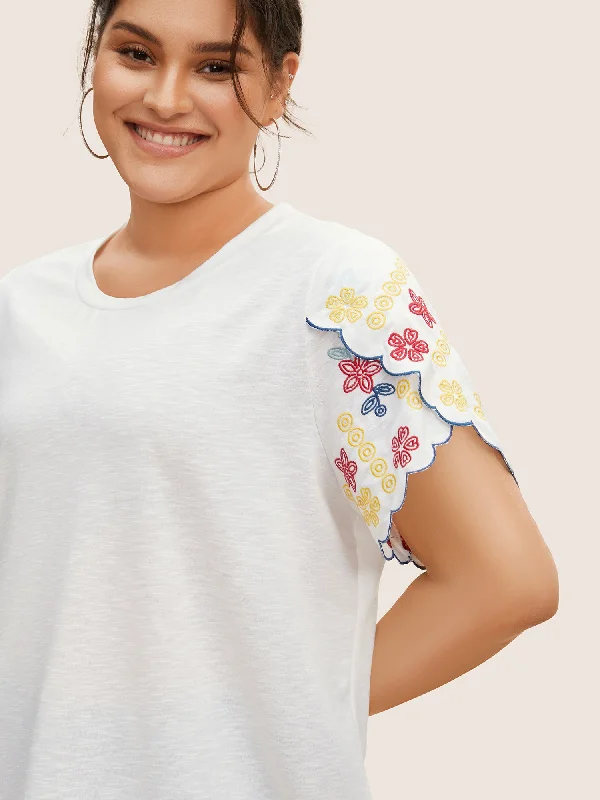 contrast-floral-embroidered-petal-sleeve-t-shirt