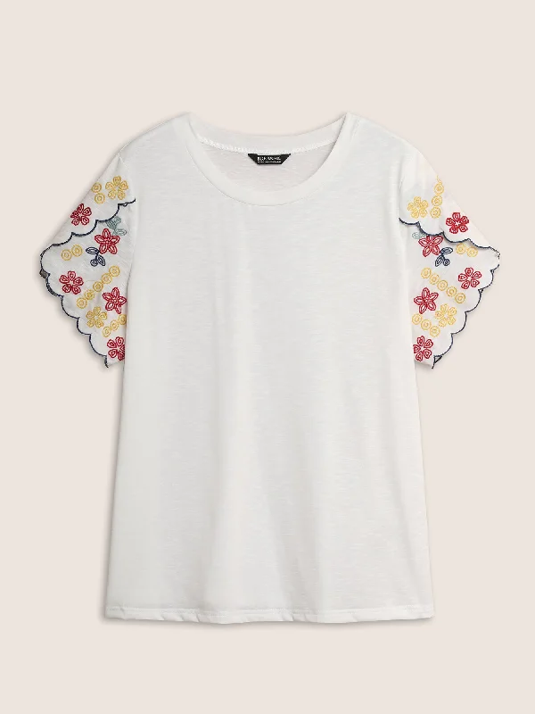 contrast-floral-embroidered-petal-sleeve-t-shirt