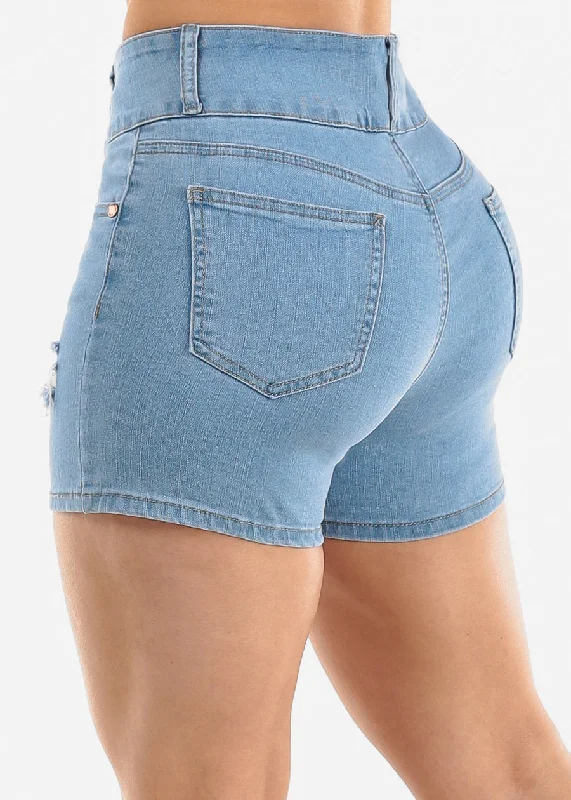 Distressed High Waisted Butt Lift Light Denim Shorts