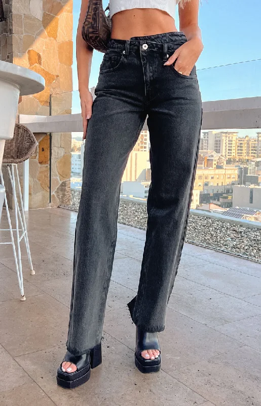 Kansis Washed Black Uneven Waist Jeans