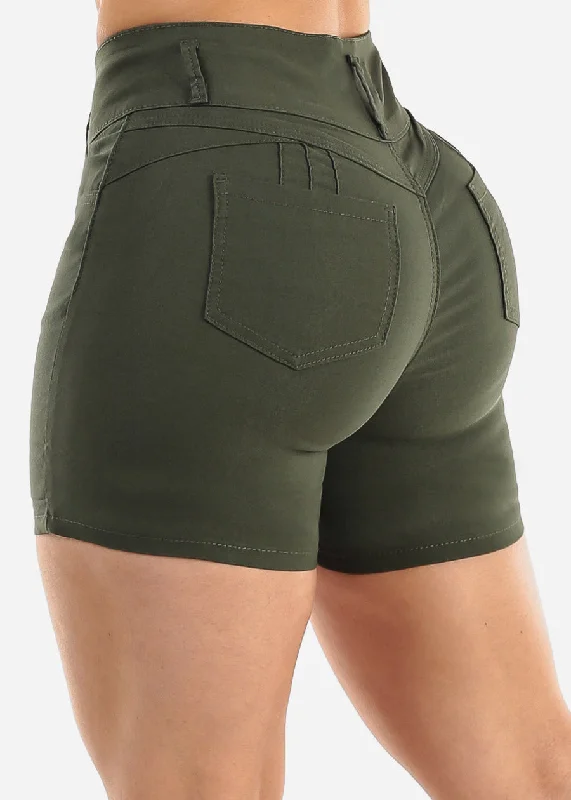 MX JEANS High Waist Hyper Stretch Butt Lifting Mid Thigh Shorts Olive