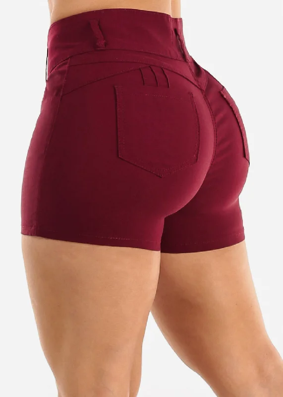 MX JEANS High Waist Hyper Stretch Butt Lifting Shorts Burgundy