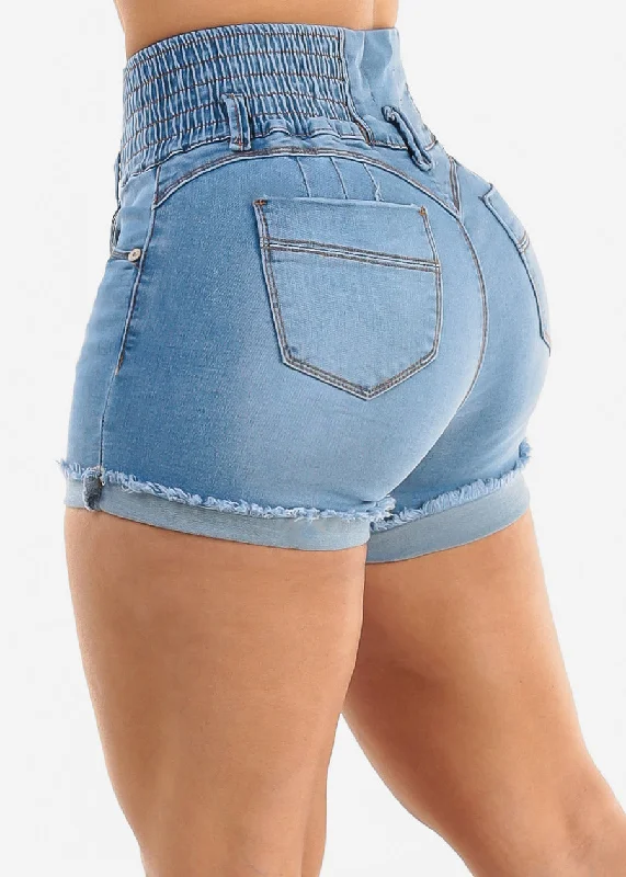 MX JEANS Stretchy High Rise Spandex Waist Light Denim Cuffed Shorts