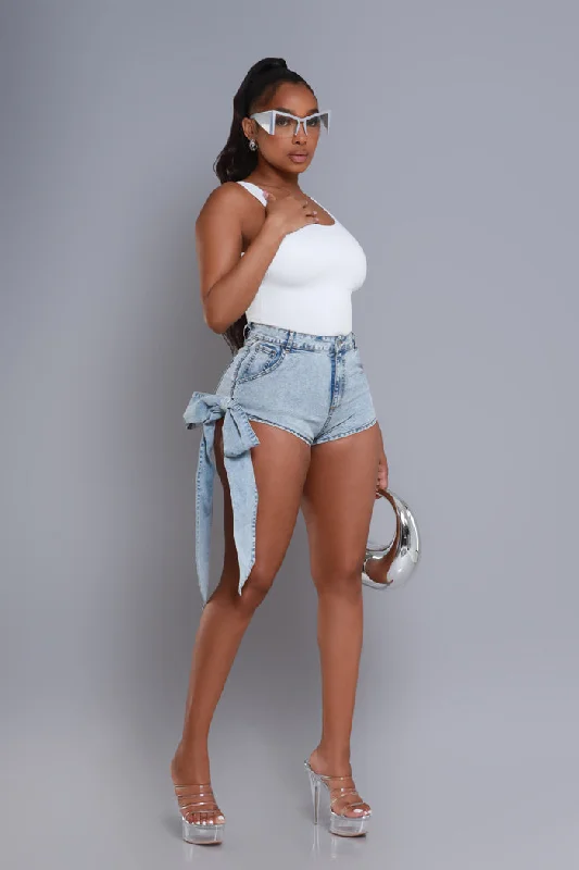 Over Here High Rise Bow Tie Denim Shorts - Blue