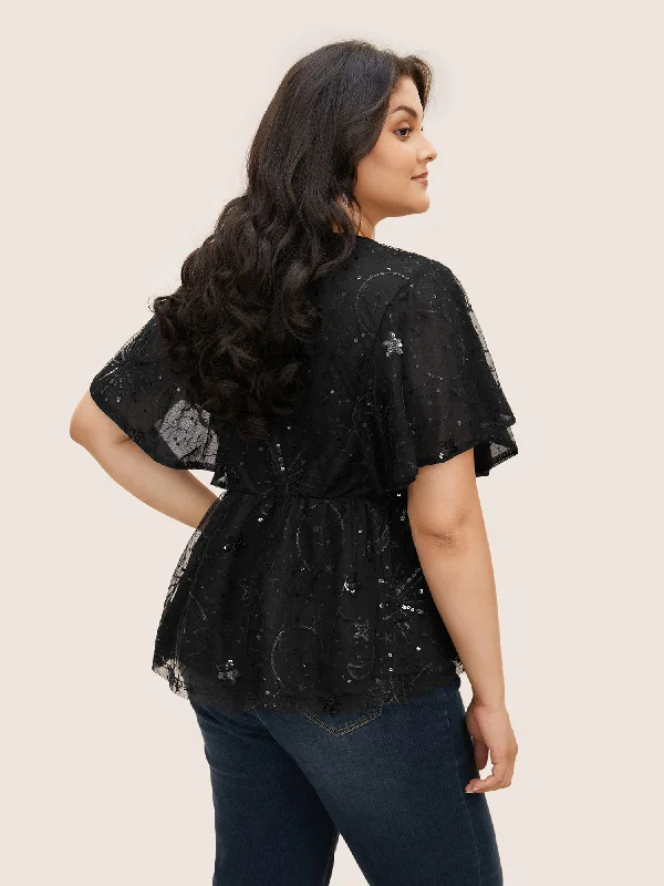 overlap-collar-star-sequin-mesh-embroidered-t-shirt