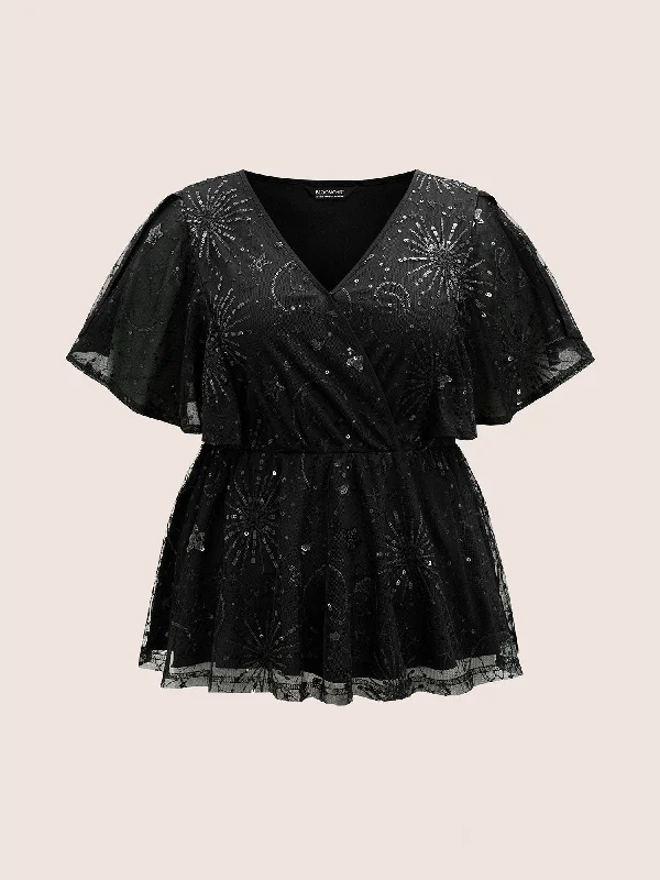 overlap-collar-star-sequin-mesh-embroidered-t-shirt