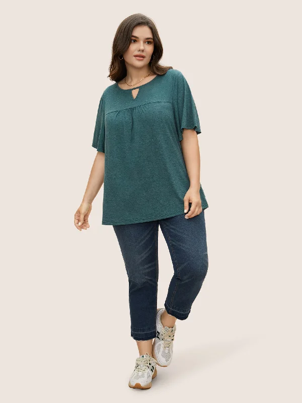 plain-ruffle-sleeve-keyhole-gathered-crew-neck-t-shirt