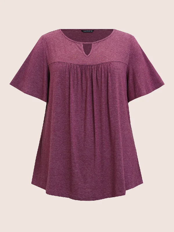 plain-ruffle-sleeve-keyhole-gathered-crew-neck-t-shirt