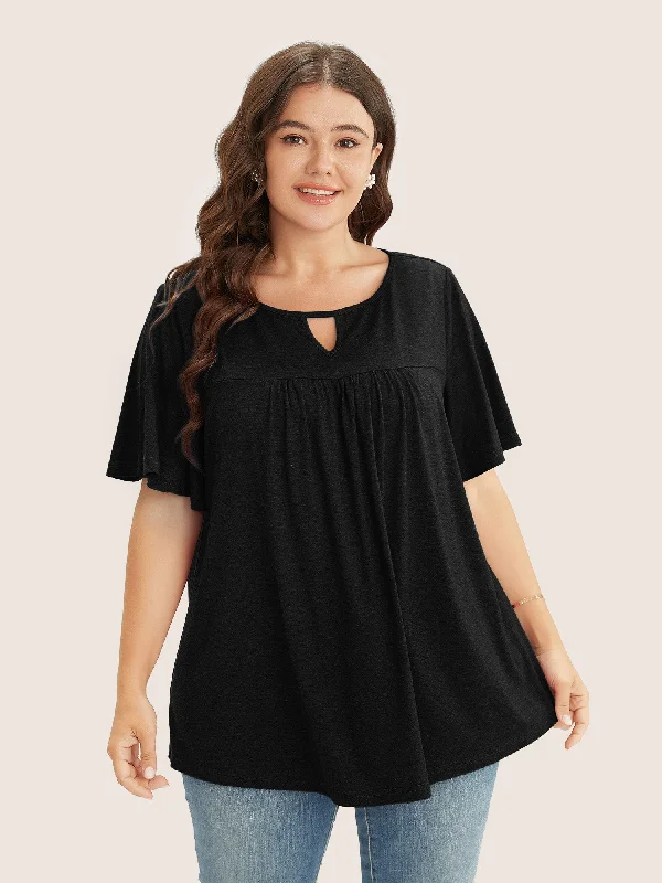 plain-ruffle-sleeve-keyhole-gathered-crew-neck-t-shirt