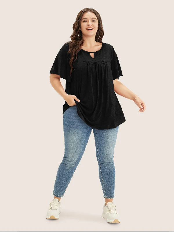 plain-ruffle-sleeve-keyhole-gathered-crew-neck-t-shirt