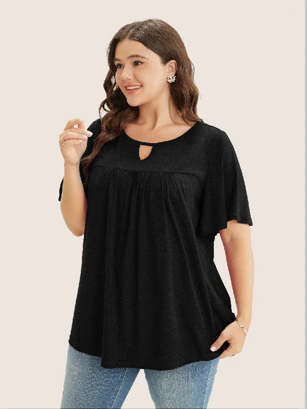 plain-ruffle-sleeve-keyhole-gathered-crew-neck-t-shirt