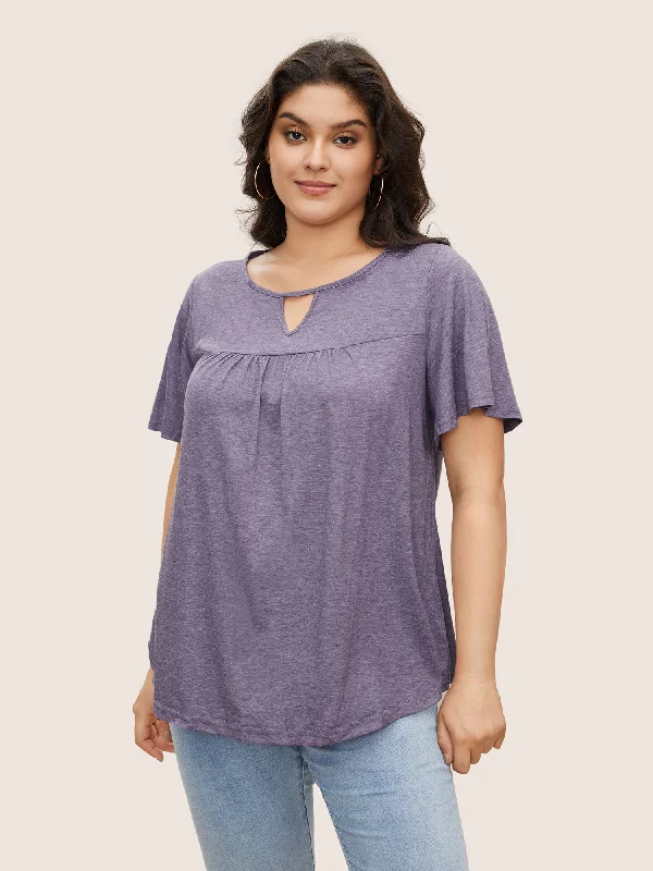 plain-ruffle-sleeve-keyhole-gathered-crew-neck-t-shirt