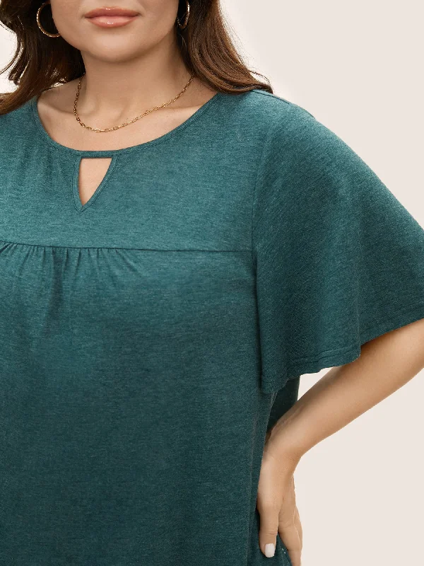 plain-ruffle-sleeve-keyhole-gathered-crew-neck-t-shirt