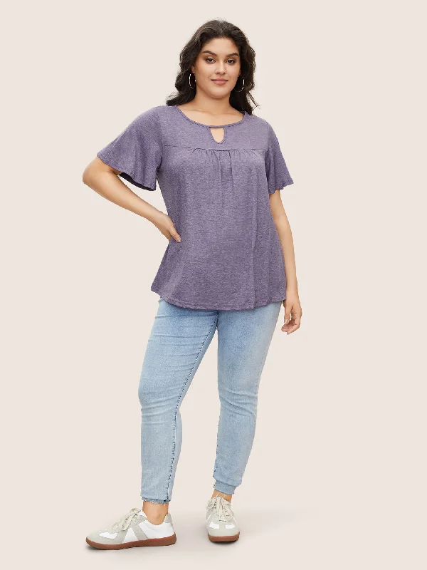 plain-ruffle-sleeve-keyhole-gathered-crew-neck-t-shirt