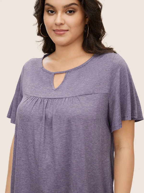 plain-ruffle-sleeve-keyhole-gathered-crew-neck-t-shirt