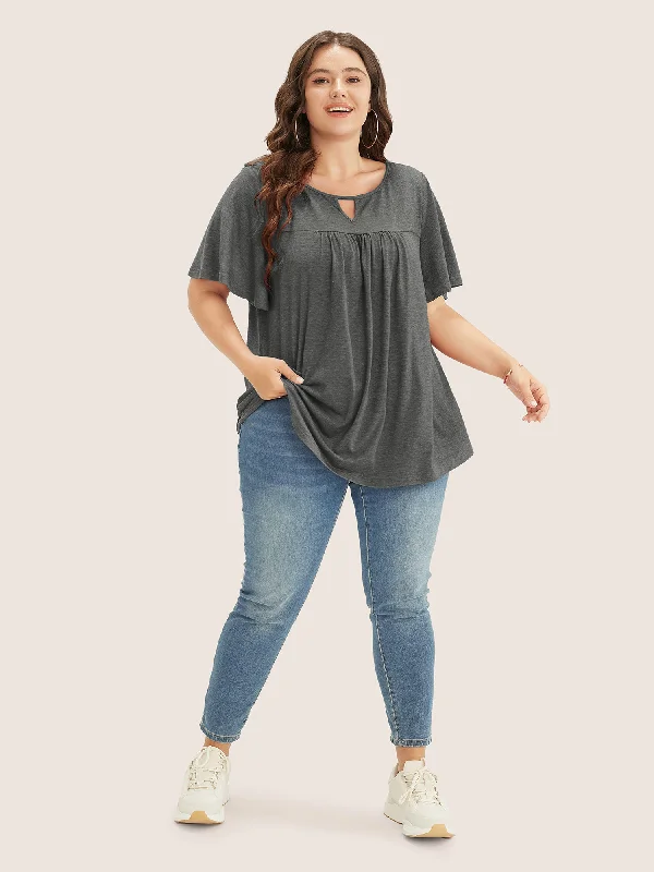 plain-ruffle-sleeve-keyhole-gathered-crew-neck-t-shirt