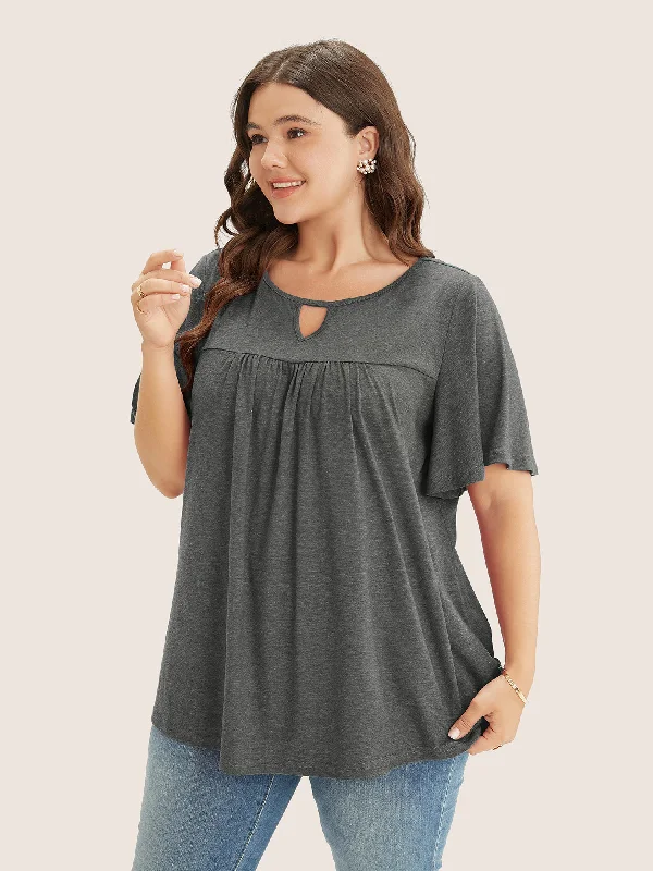 plain-ruffle-sleeve-keyhole-gathered-crew-neck-t-shirt