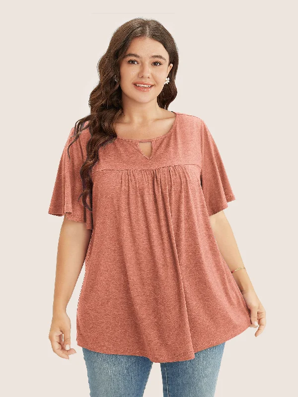 plain-ruffle-sleeve-keyhole-gathered-crew-neck-t-shirt