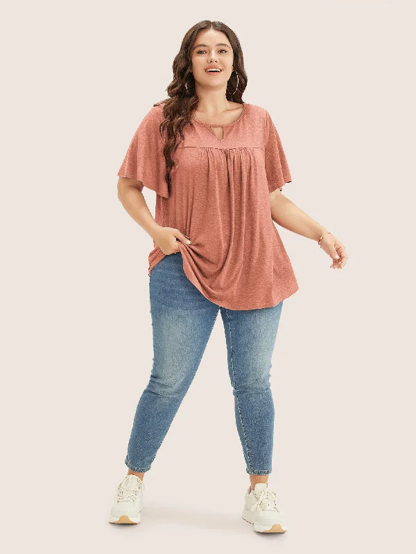 plain-ruffle-sleeve-keyhole-gathered-crew-neck-t-shirt