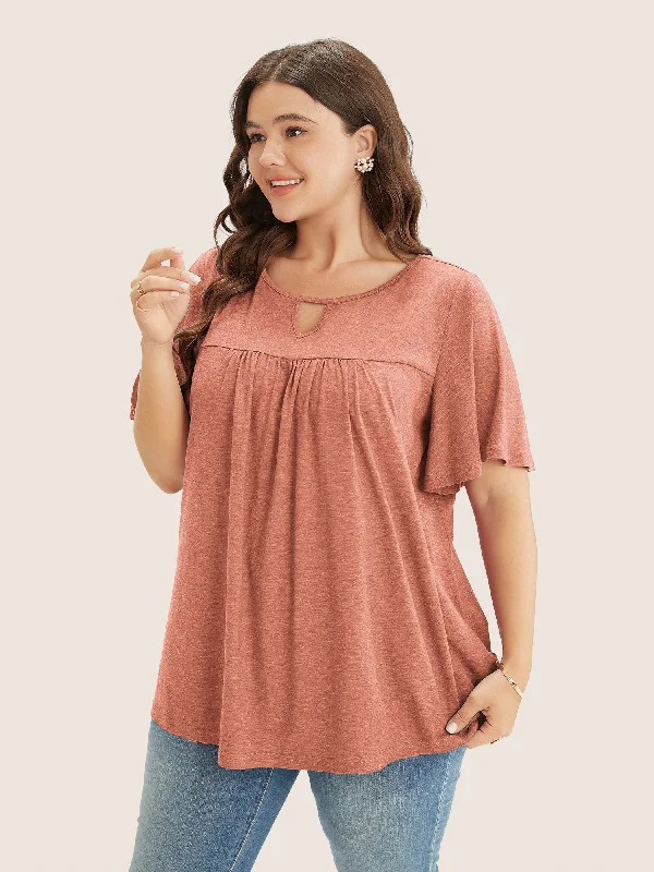 plain-ruffle-sleeve-keyhole-gathered-crew-neck-t-shirt