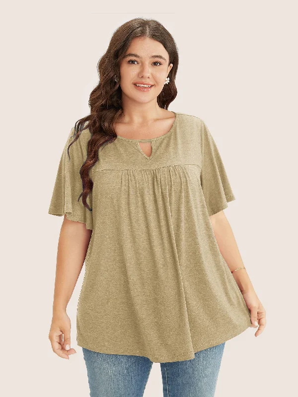 plain-ruffle-sleeve-keyhole-gathered-crew-neck-t-shirt