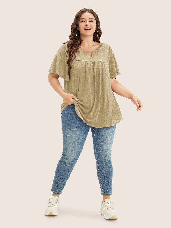 plain-ruffle-sleeve-keyhole-gathered-crew-neck-t-shirt