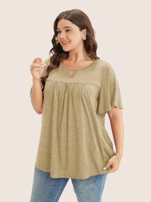 plain-ruffle-sleeve-keyhole-gathered-crew-neck-t-shirt