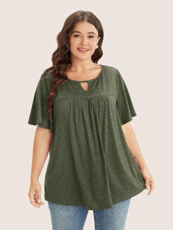 plain-ruffle-sleeve-keyhole-gathered-crew-neck-t-shirt