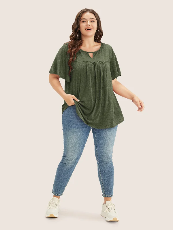 plain-ruffle-sleeve-keyhole-gathered-crew-neck-t-shirt