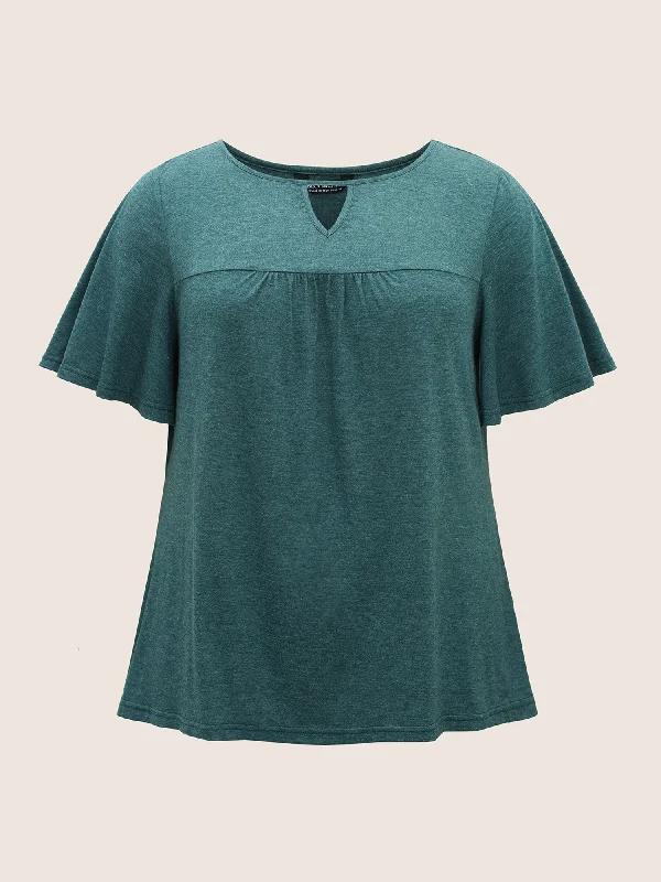 plain-ruffle-sleeve-keyhole-gathered-crew-neck-t-shirt