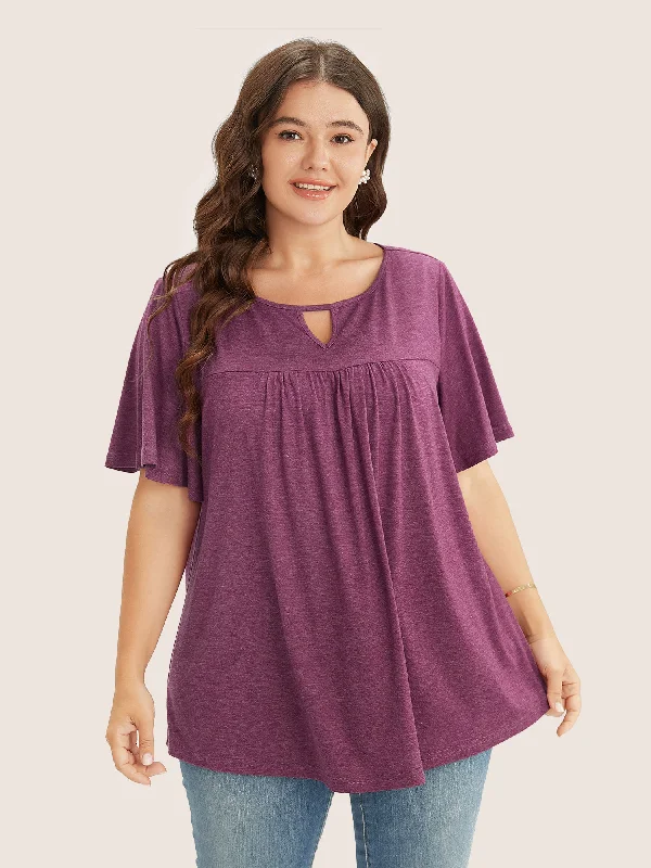 plain-ruffle-sleeve-keyhole-gathered-crew-neck-t-shirt