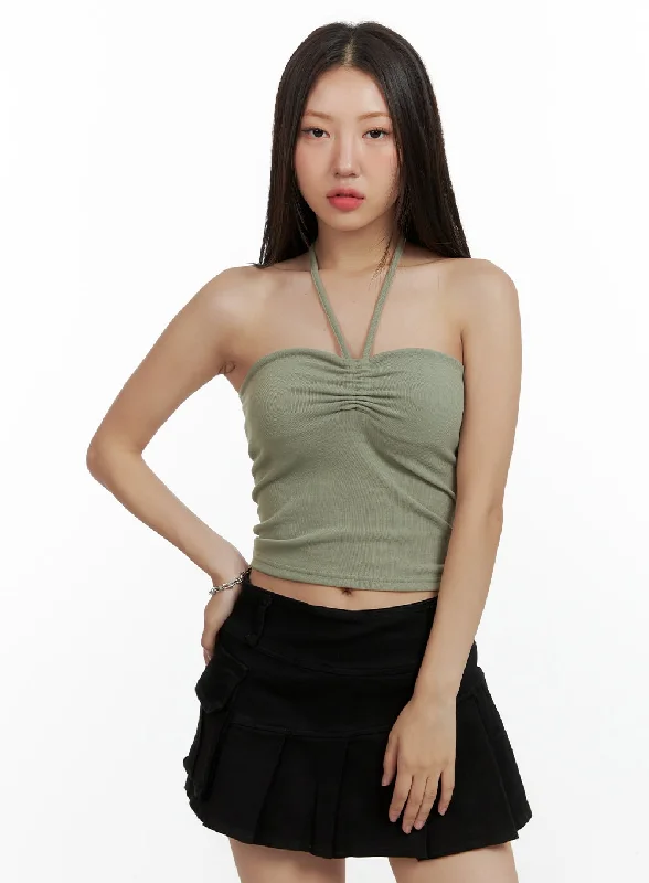 Shirred Halter Crop Tank Top OL408