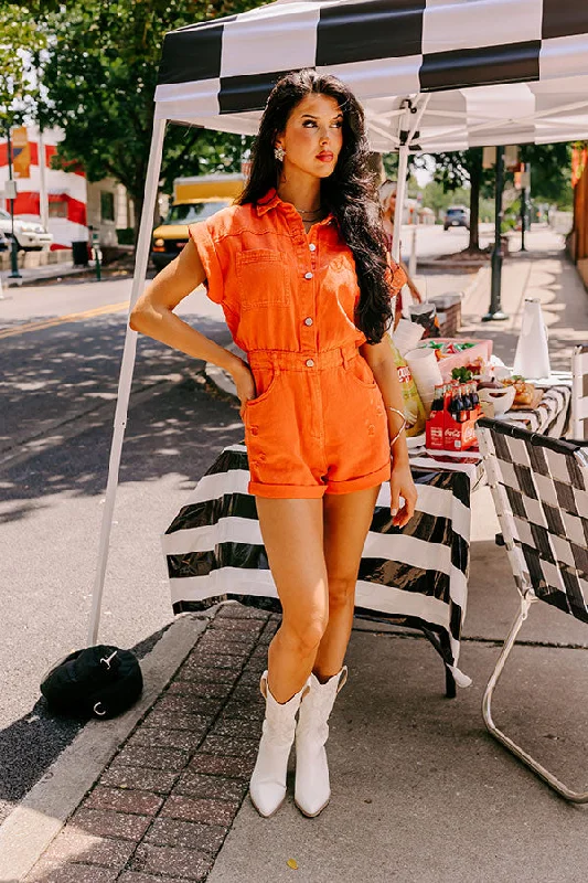 Sweet Duet Distressed Denim Romper in Orange