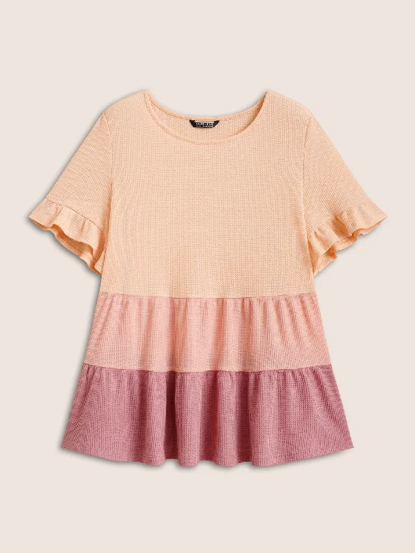 waffle-knit-contrast-ruffle-layered-hem-t-shirt